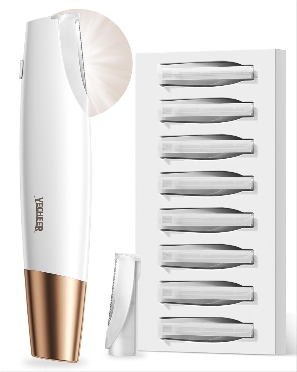 Yecheer Dermaplane Razor for Women Face: Sonic Dermaplaning Tool for Smooth Skin - Professional Peach Fuzz Remover w/LED Light&8 Refill Blades - Non-Irritating Electric Facial Hair Removal (White) - Product Image