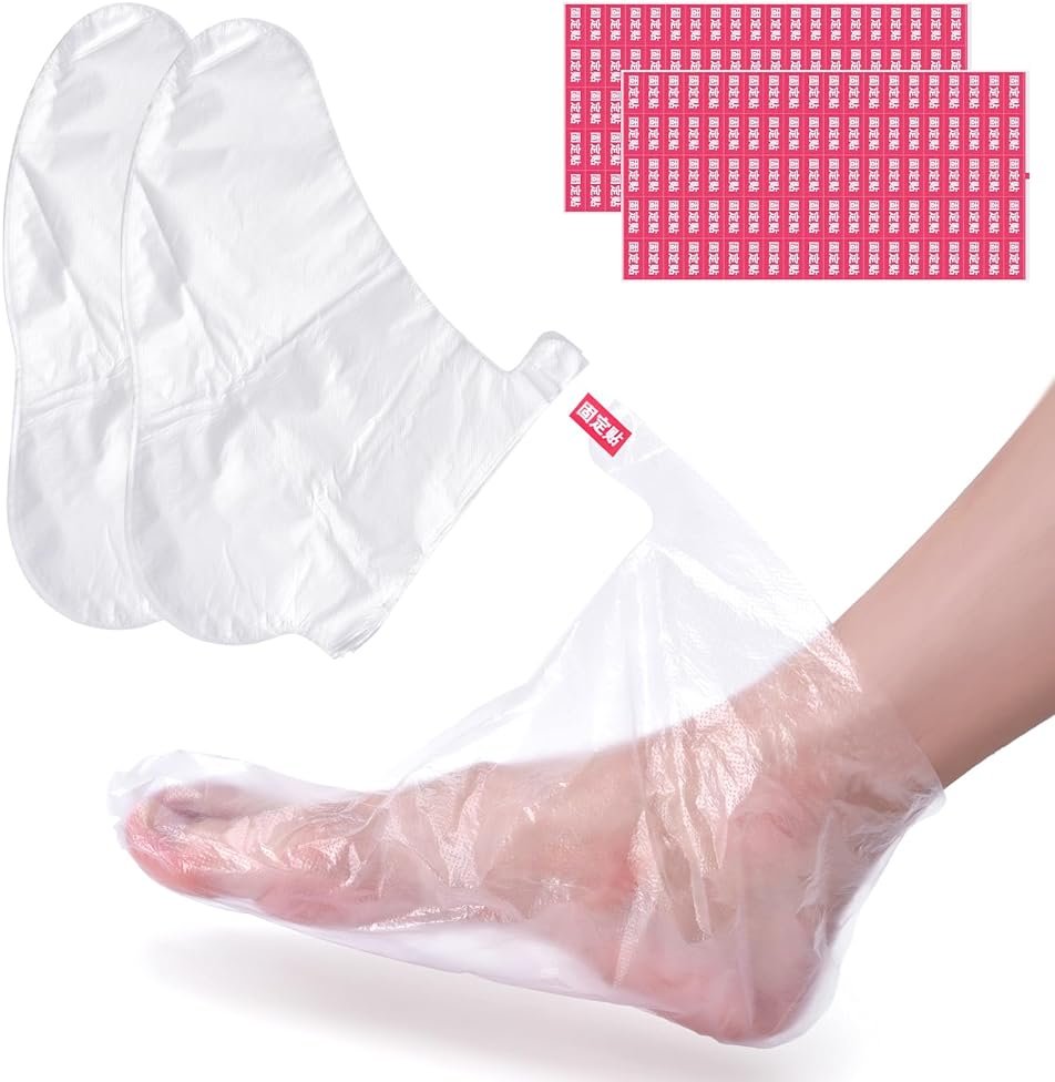 KAZIPOP 200PCS Plastic Foot Covers Clear Foot Mask Socks with Stickers Leak-Proof Disposable Foot Masks for Pedicure & Foot Care Moisturizing - Product Image