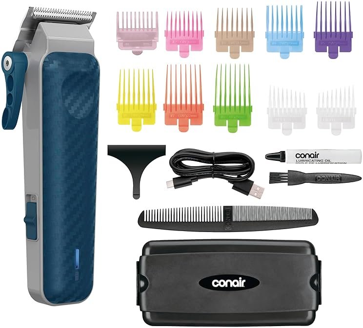 Conair Men Lithium-Ion Rechargeable Hair Clipper 17-Piece Kit | Cordless clipper with USB-C quick charge and 10 color-coded guides for home haircuts, 17-Piece Kit, Model HC379GL6 - Product Image
