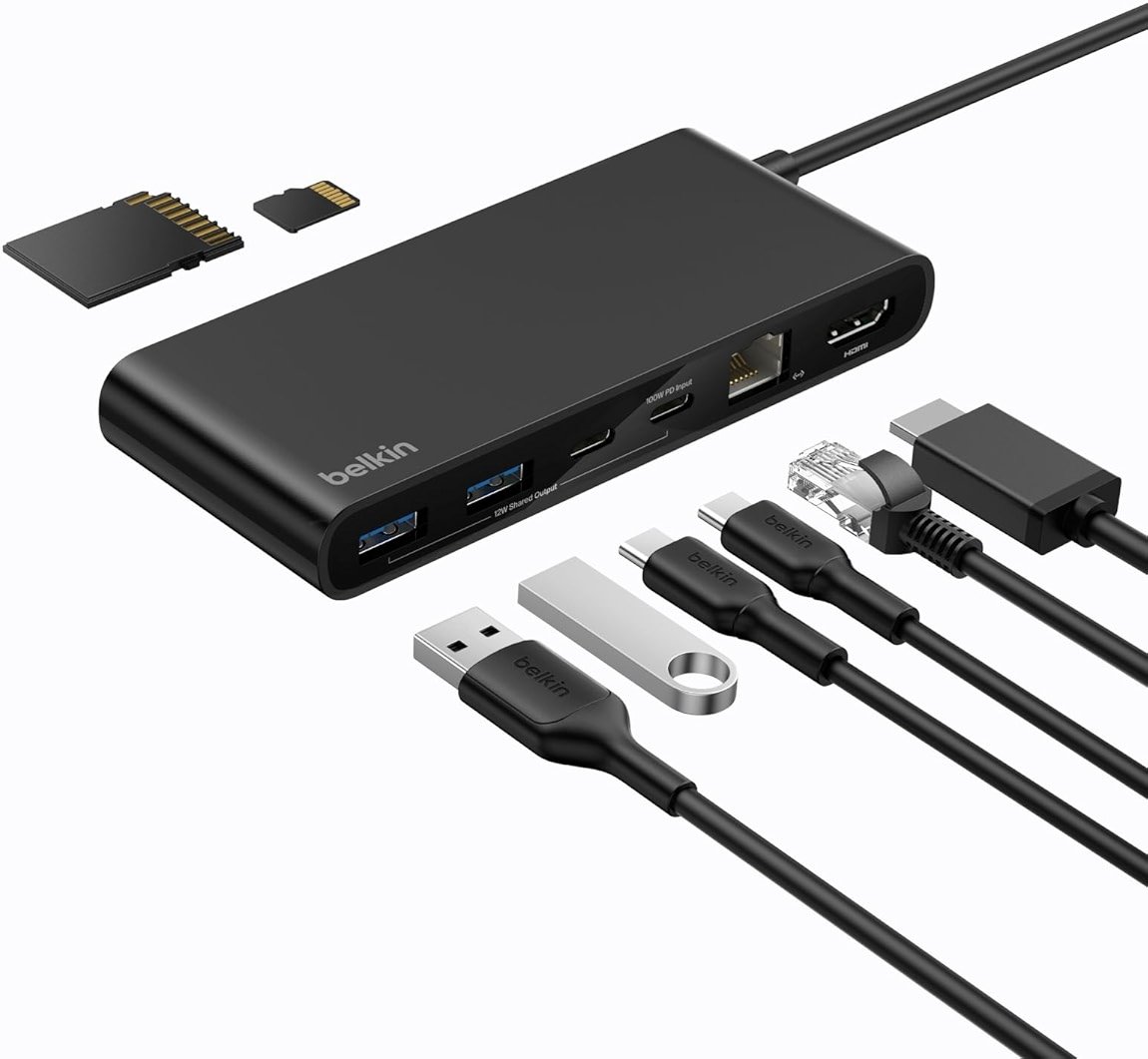 Belkin Connect 8-Port USB C Hub, Supports Display w/Resolutions up to 4K@60Hz - Works with Neo MacBook, Windows, Chromebook, & More - 100W PD w/ 10Gbps Data Transfer Speeds & 2.5Gbps Ethernet - Black - Product Image