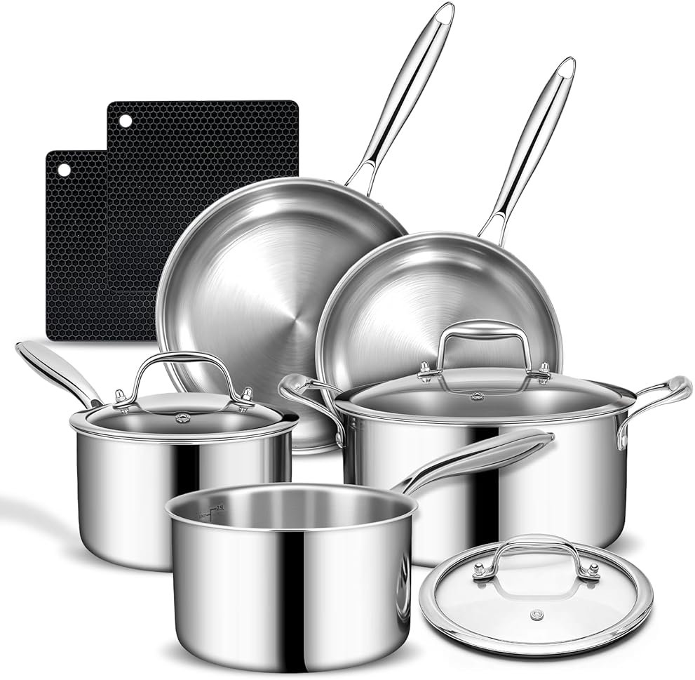 3 Ply Stainless Steel Cookware Set, AIVIKI 10-Pieces Pots and Pans Set, Induction Kitchen Cookware Set, Oven Safe to 500℉, Chef Quality Cooking Set w/Fry Pans, Saucepans, Dutch Oven, Kitchen Essential - Product Image