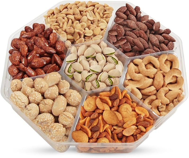 Fathers Day Nut Gift Baskets, 26oz Mixed Nut Gift Box of 7 Sectional Platter, Ideal Nut Assortment for Holidays, Birthdays, Celebrations, Anniversaries, Mens Gift Basket. - Product Image