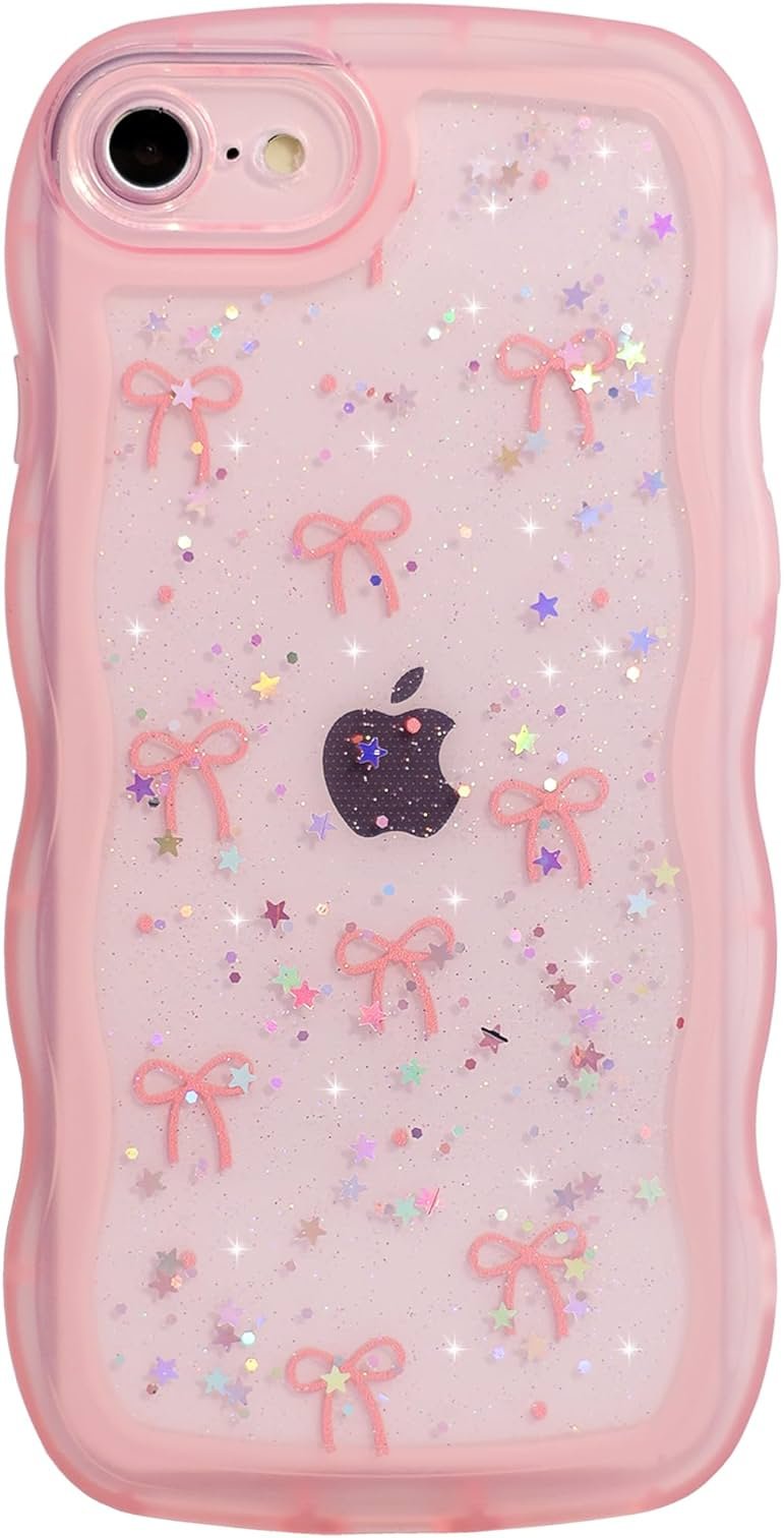 Qokey for iPhone 16e/17e Case 6.1 inch, Glitter Star & Curved Edge Handle Grip Design, Military-Grade Shockproof Clear TPU Cover, Sparkle Protection Scratch-Resistant, Holographic Pink Bow - Product Image