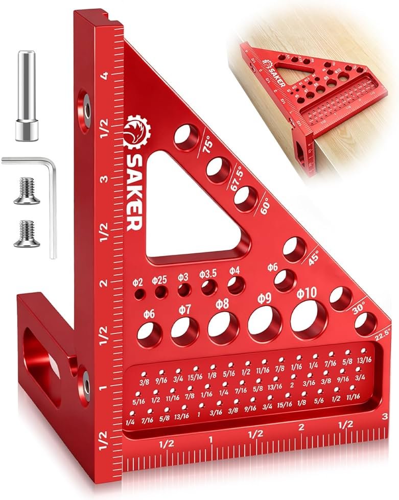 Saker 3D Multi-Angle Measuring Square Ruler, Aluminum Alloy Carpenter Square, 0-90° Precision Hole Scribing Ruler with Angle Pin for Woodworking, Engineering, and Construction Projects - Product Image