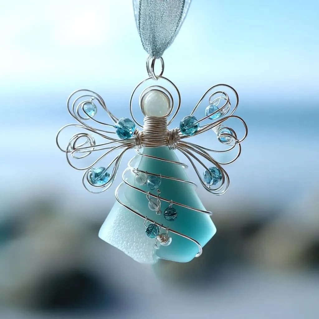 Generic Handmade Sea Glass Angel Ornament, Charming Coastal Christmas Sea Glass Ornaments, Silver Wire Wrapped Angel Christmas Decor with Rope, Xmas Holiday Home Decor Gift (Ocean Blue) - Product Image