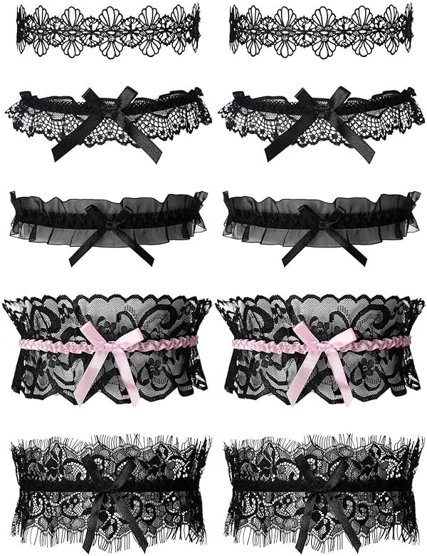 Boao 10 Pcs Wedding Garters for Bride Stretchy Lace Thigh Garters Belt Women Leg Ring for Bride Bridal Wedding Gift, 5 Style - Product Image
