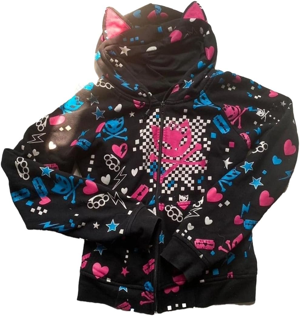 Womens Y2k Skulls Pattern Hoodies Kawaii Zip Up Clothes Punk Hip Hop Cat Ears Sweatshirts Cute Hoodie - Product Image