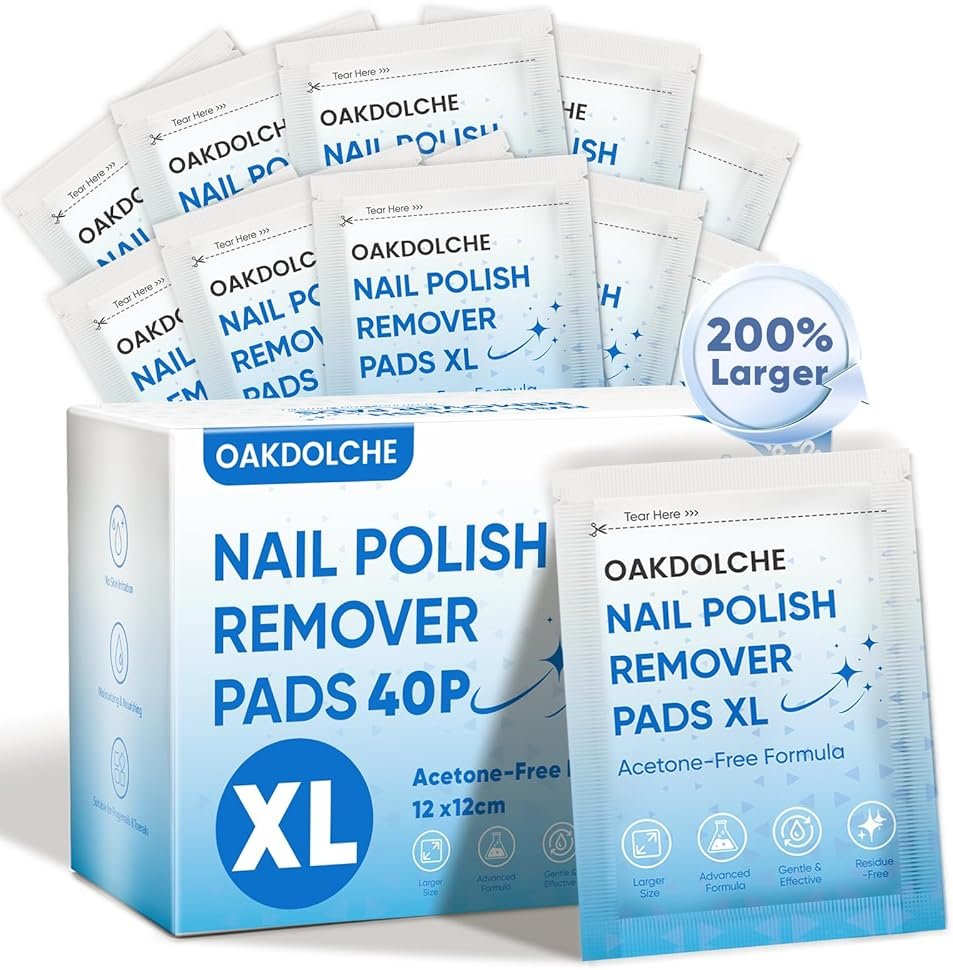 OAKDOLCHE Extra Large Nail Polish Remover Pads(12×12cm), Acetone-free Nail Polish Remover Wipes, Easily & Quickly, Professional Individually Wrapped Wet Wipes for Home & Salon Supplies, 40 PCS - Product Image