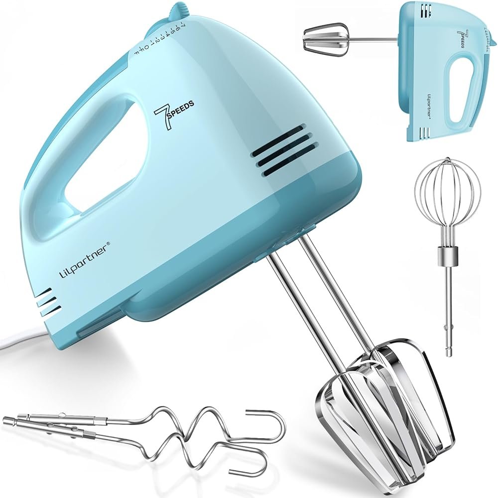 LILPARTNER Hand Mixer Electric, Ultra Power Kitchen Hand Mixer With 7-Speed & 5 Stainless Steel Accessories for Whipping Dough, Cream, Cake, Dishwasher Safe, Blue - Product Image