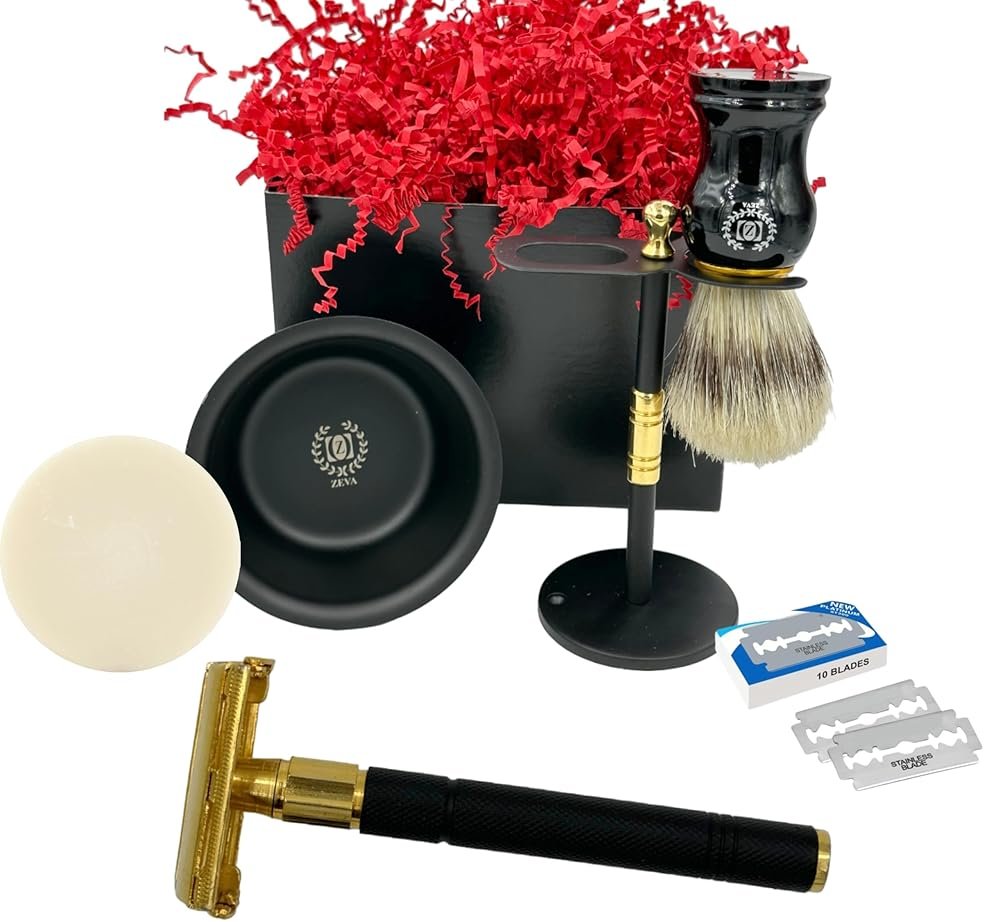 Men Safety Razor Vintage Shaving Gift Set | Butterfly Open DE Safety Razor, Stainless Steel Stand & Bowl, Natural Brush & 10 Blades Black Matte Finish Holiday Gift Idea - Product Image