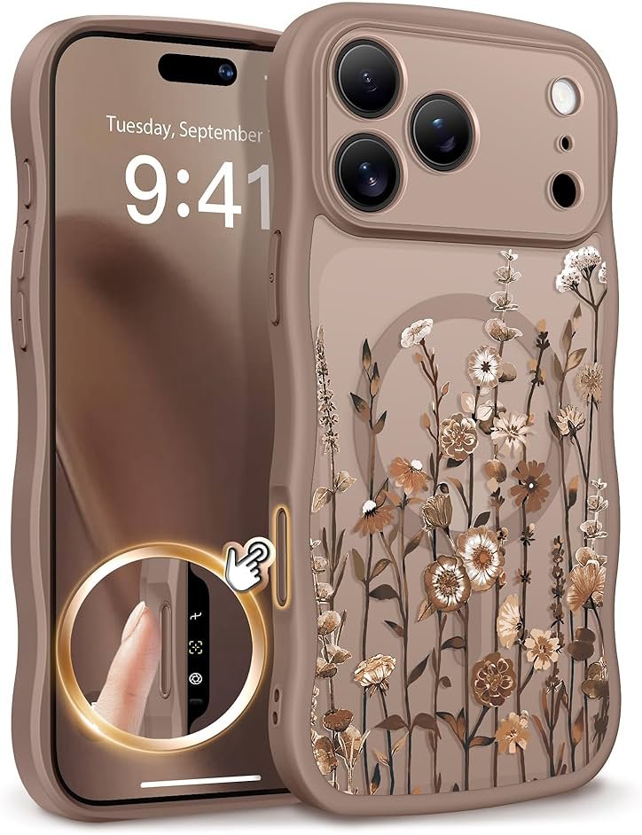 GVIEWIN for iPhone 17 Pro Max Case Compatible with MagSafe [Curly Wave Edge][Full Camera Protection] Floral Translucent Shockproof Magnetic Women Phone Case for 17 Pro Max, Floratopia/Brown - Product Image