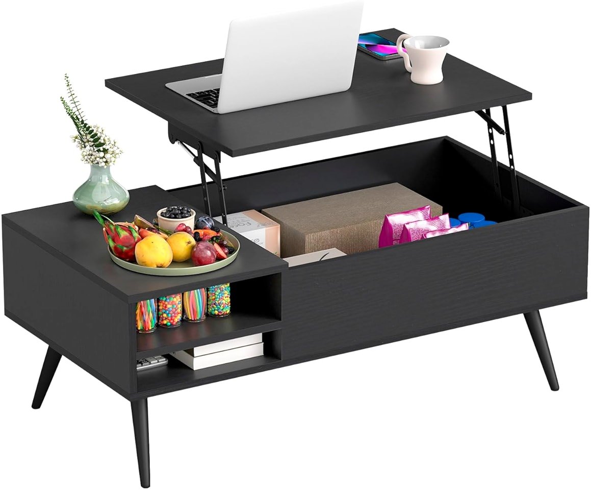 FDW Modern Lift Top Coffee Table Wooden Small Coffee Table with Storage Shelf Hidden Compartment for Living Room Home Office,Black - Product Image