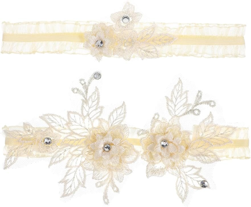 2 Pcs Garters for Bride, Soft Lace Flower Wedding Garter, Elastic Band Leg Garter for Wedding, Tea Party, Daily Outfit Bride Accessories - Product Image