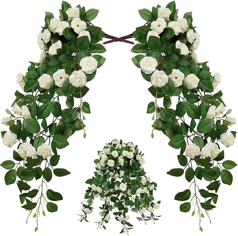 Dronside Artificial Flowers Realistic Roses for Decoration, 2Pcs Fake Hanging Roses Plants UV & Fading Resistant for Wedding Party Office Living Room Garden Indoor Outdoor Décor - Product Image