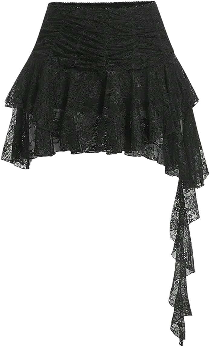 SweatyRocks Women's Y2K Lace Flowy Mini Skirt Skort Ruffle Floral Gothic Rave Asymmetrical Skirts with Shorts - Product Image