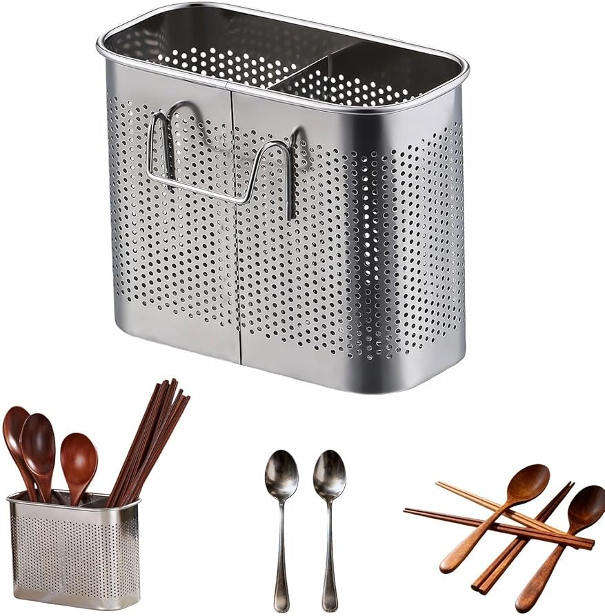 304 Stainless Steel Utensil Drainer, 2-Tier Silverware Drying Rack with Hooks, Anti-Rust Kitchen Sink Organizer & Cutlery Holder for Dishwasher, Countertop Space-Saving Storage, Brushed Finish - Product Image
