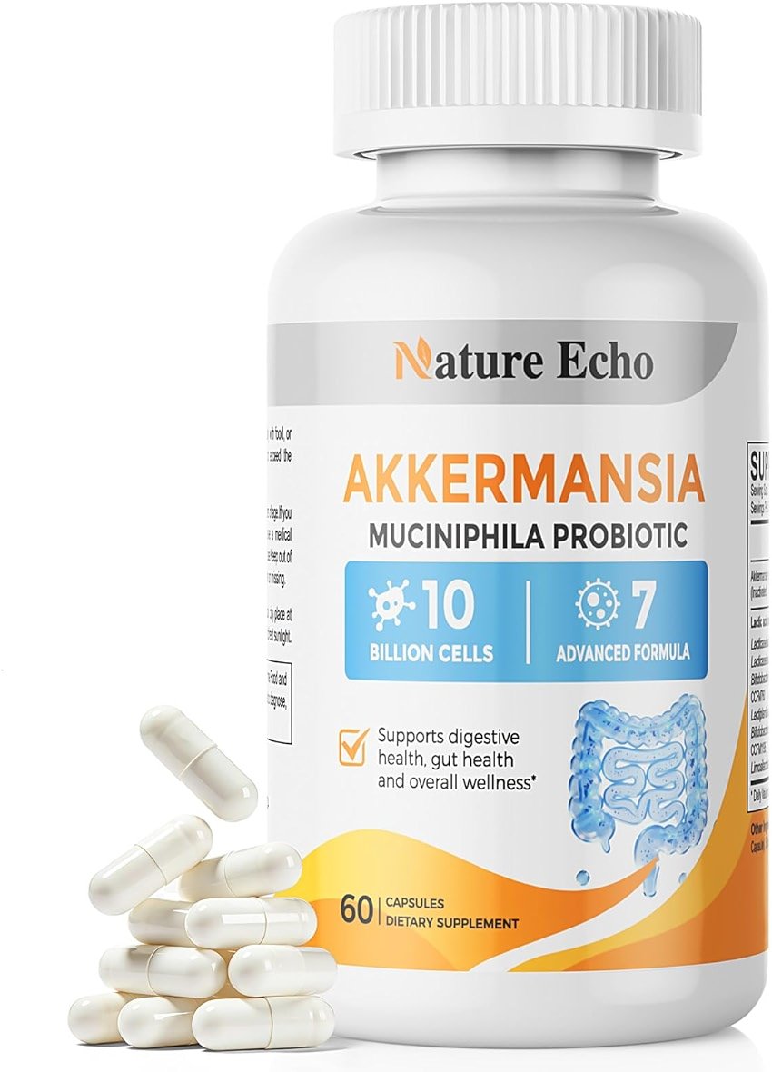 Nature Echo Akkermansia Probiotic Supplement, 10 Billion Cells Probiotics for Men & Women Supports Intestinal Digestive & Gut Health, Vegan, Non-GMO, 60 Caps - Product Image