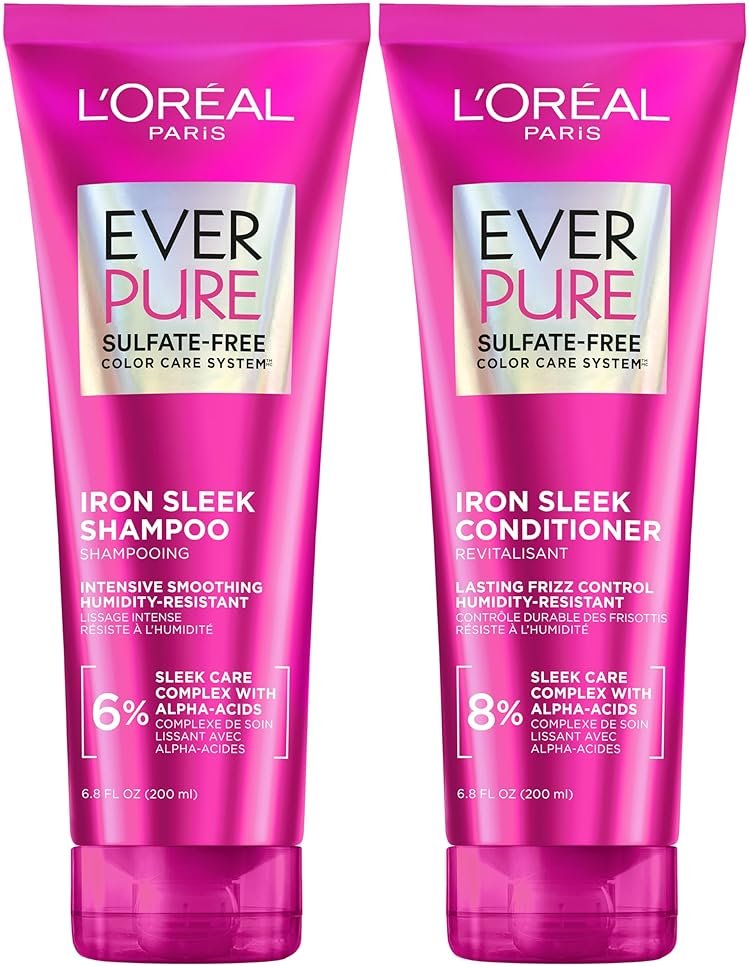 L'Oreal Paris Sulfate Free Iron Sleek Smoothing Shampoo and Conditioner Set, Frizz Control and Humidity-Resistant Formula with Alpha-Acids, Suitable for Color-Treated Hair, EverPure, 13.6 Fl Oz Set - Product Image