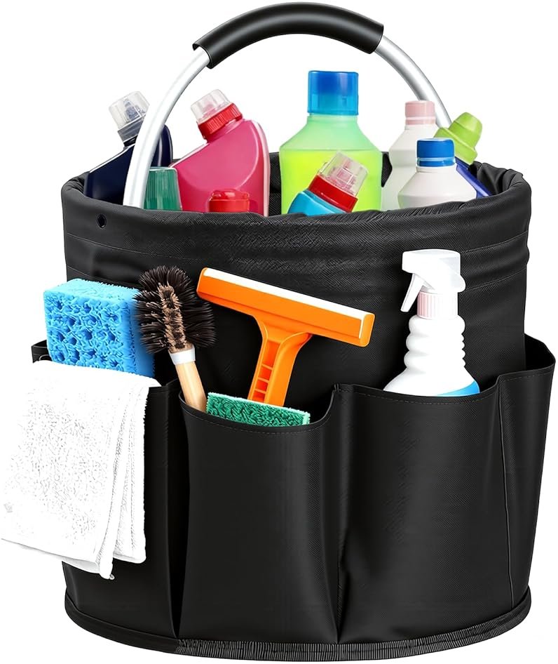 CIHTL Cleaning Caddy with Handle, Cleaning Products Organiser, Foldable Storage Basket, Large Supply Organiser 17L with 6 Pockets, Portable Cleaning Caddy for Home & Garden (Black) - Product Image
