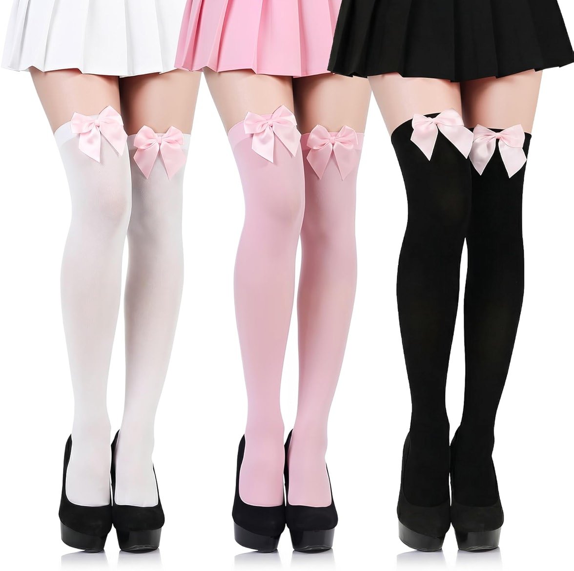 scenicamp 3 Pairs Women Satin Bow Thigh Highs Stockings Lolita Over Knee High Long Socks with Cute Bow - Product Image