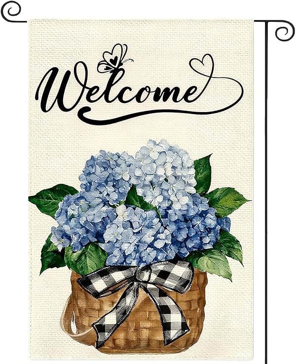 Summer Garden Flag, Welcome Hydrangea Burlap Yard Flag, Double Sided 12x18 Inch, Farmhouse Holiday Outside Decorations - Product Image