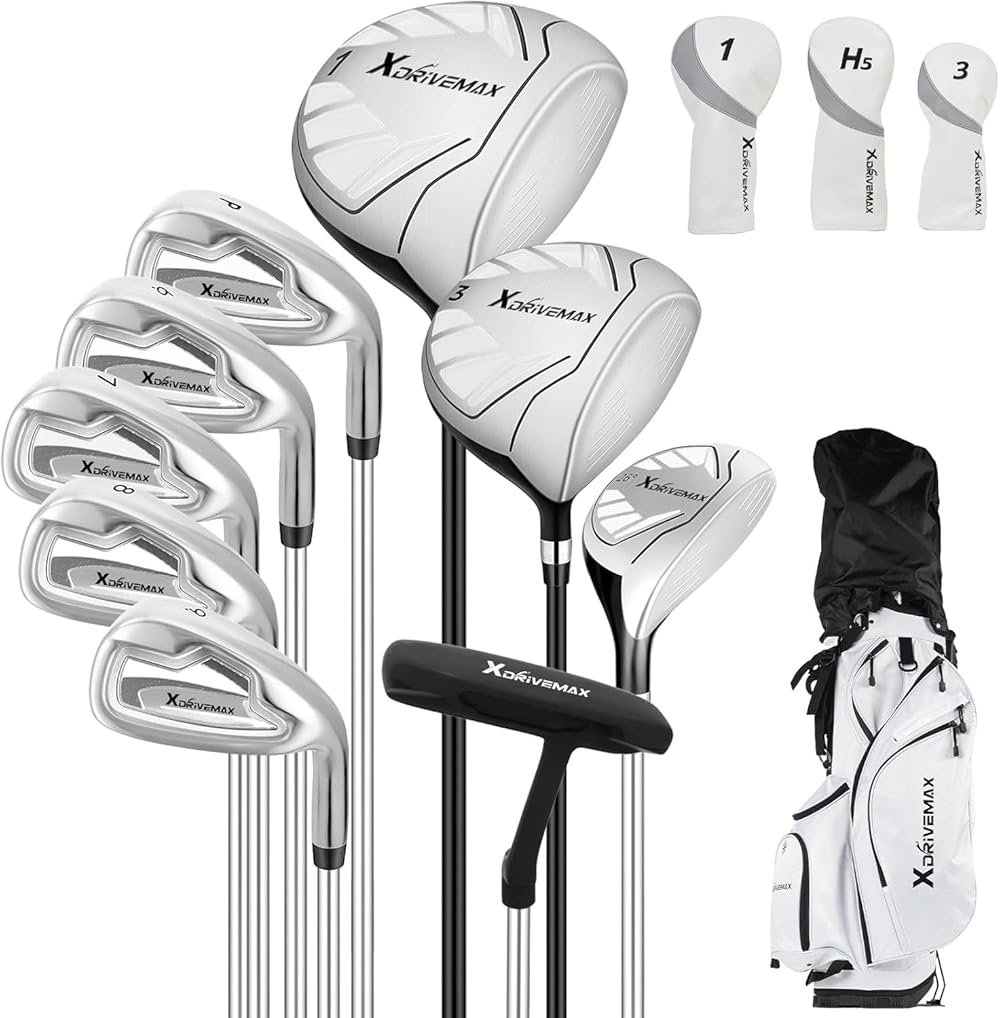 XDriveMax 10 Pieces Complete Mens Womens Golf Clubs Set Right Hand for Men Women Includes Stand Bag with Rain Hood, 1#Driver 3#Wood #5 Hybrid,with 3 Head Covers, 6# 7# 8# 9# PW# Irons and Putter - Product Image