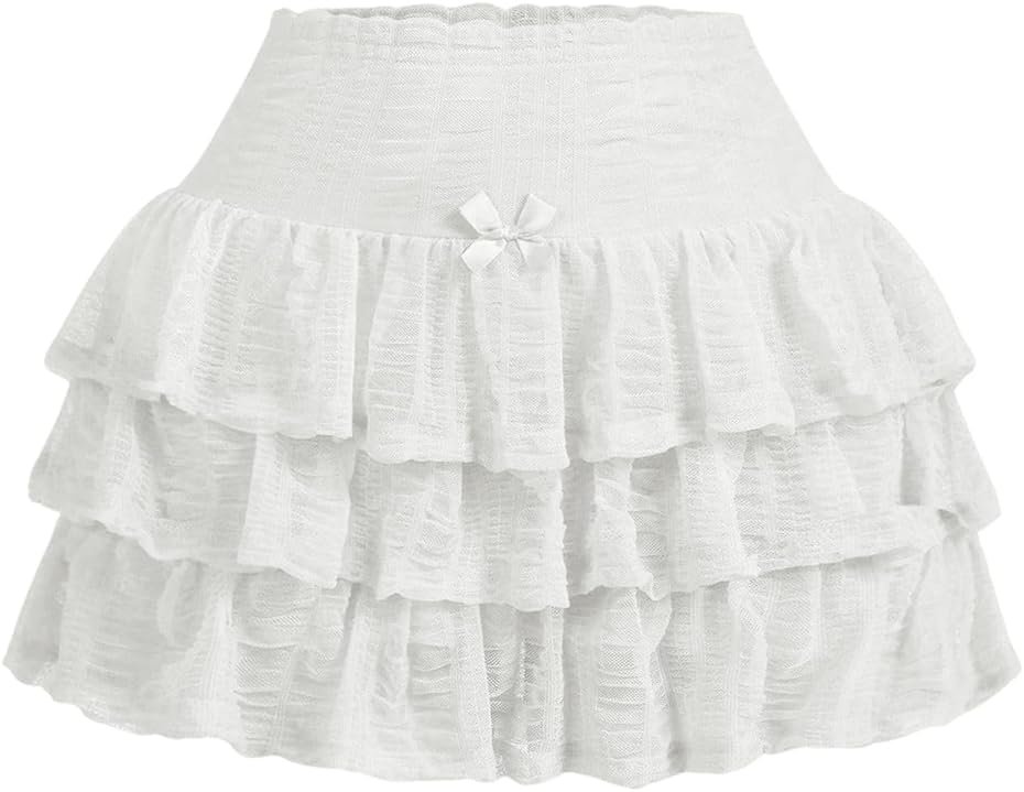 EnchantingEssence Women's Mini Skirt with Shorts Y2K Ruffle Skirt Bow Cute Cake Skort Layered Ruched Pleated Tiered Skirts - Product Image