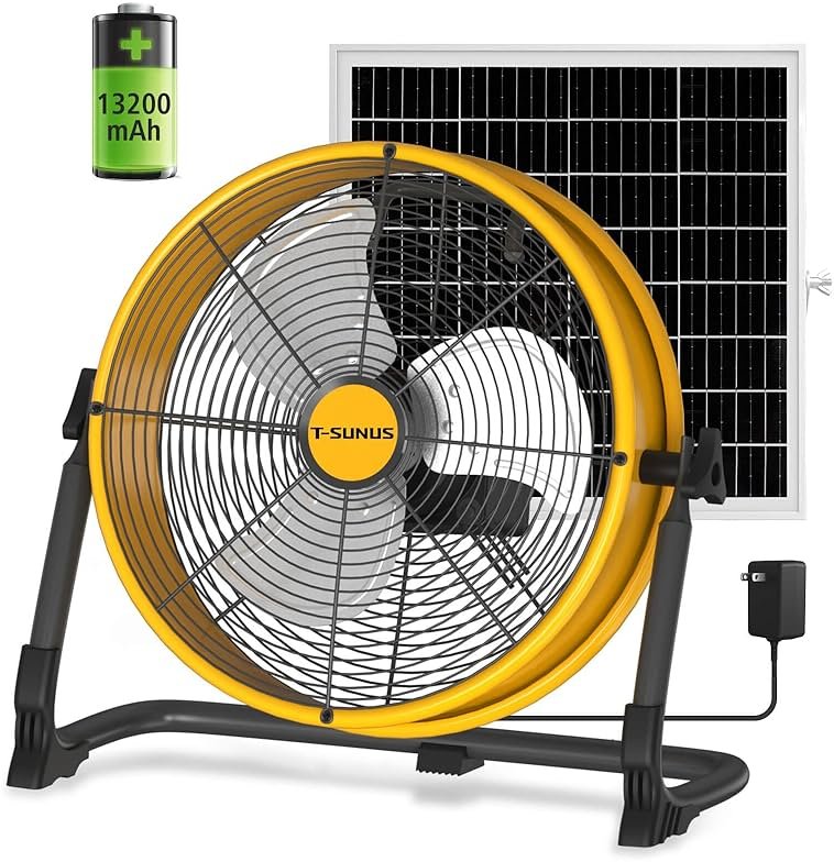 T-SUNUS 12" Solar Powered Floor Fan, Rechargeable Battery Battery Powered Fans 13200mAh & 20W Panel, 1500 CFM Metal Cordless Fan, 4.5–27H Runtime for Outside Camping Garage Greenhouse Power Outage - Product Image