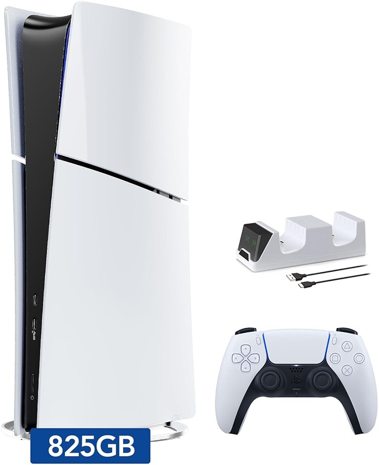 PlayStation 5 Slim Digital Edition Console, Controller and Mytrix Controller Charger - White, Slim PS5 825GB PCIe SSD Gaming Console - Product Image