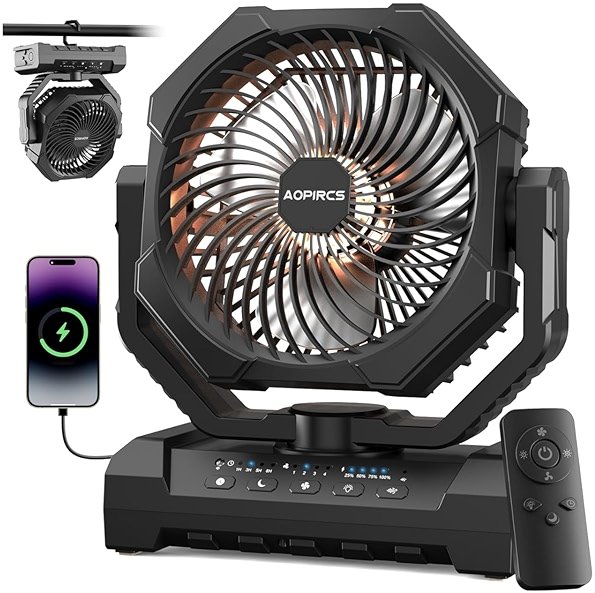 Camping Fan Rechargeable, 60H Long-Lasting Battery Powered Fan - 4 Speeds, 3 Light, Timer, Sleep Mode, Hook, Portable Fans for Camping Gear, Travel Essentials, Tent, RV, Outdoor, Garage, Emergency - Product Image