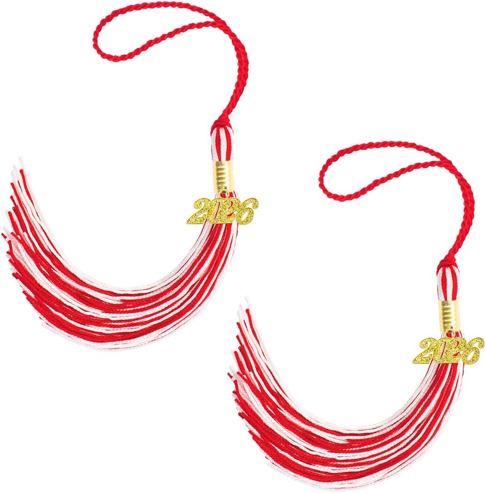 2026 Tassel Graduation, 2 Pcs Graduation Tassel 2026, 2026 Tassels, Graduate Cap Tassels with 2026 Gold Charm for Graduations Cap Graduate Hat Decorations Ceremonies Accessories, Red and White - Product Image
