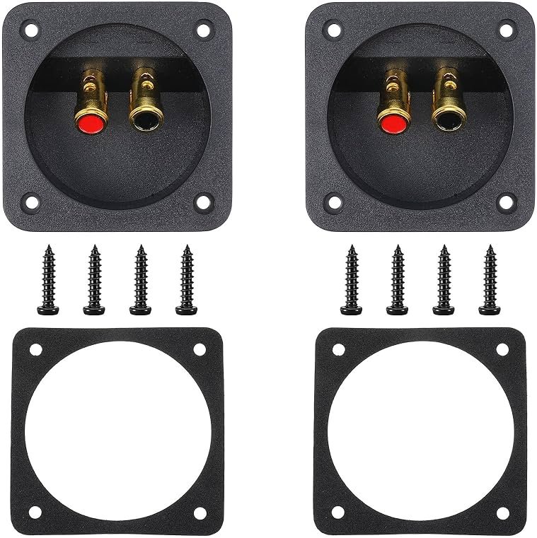 2 Pcs 3.1 Inch Square 2-Way Speaker Box Terminal Cup Double Binding Round Gold Plate Push Spring Loaded Jacks Speaker Terminal Binding Post Cup Connector with Sponge Cushion and Mounting Screws - Product Image