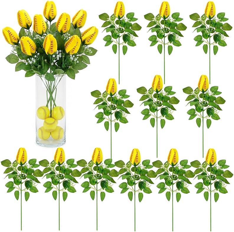 Juinte 12 Pcs Softball Rose with Leaves Bulk Artificial Fake Flower Decor Sports Flower Bouquet Gifts for Table Centerpieces for Coach Team Player Fans Sports Theme Party Favors - Product Image