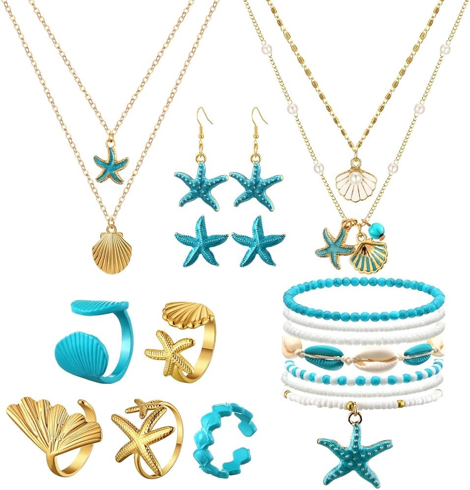 Tondiamo 18 Pcs Seashell Starfish Jewelry Set for Women Seashell Earrings Rings Boho Layer Charm Necklace Summer Beach Bracelets Natural White Anklet for Summer Holiday Vacation Accessories - Product Image