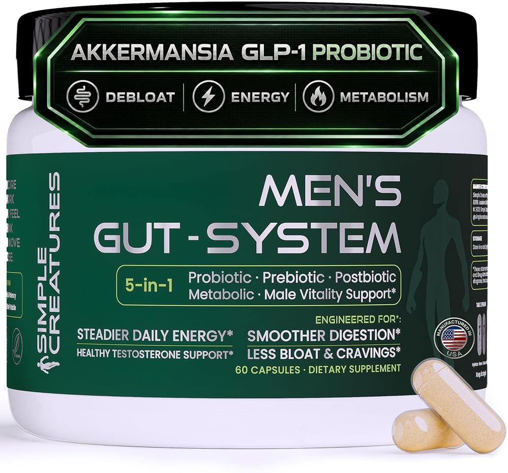 Simple Creatures Akkermansia Probiotic for Men - AKK11™ 5-in-1: GLP-1 Support · Debloat · Complete Gut Health · Male Drive · Energy | Synbiotic | Boron & Tongkat Ali | 60 Caps - Product Image