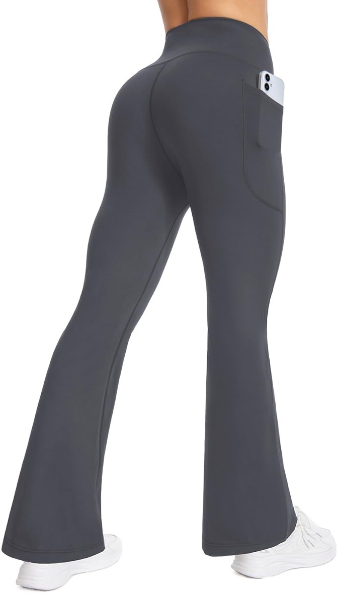 BELYQLY Women's High Waist Yoga Pants, with Side Pockets Flared Leggings, Workout Bell Bottoms - Product Image