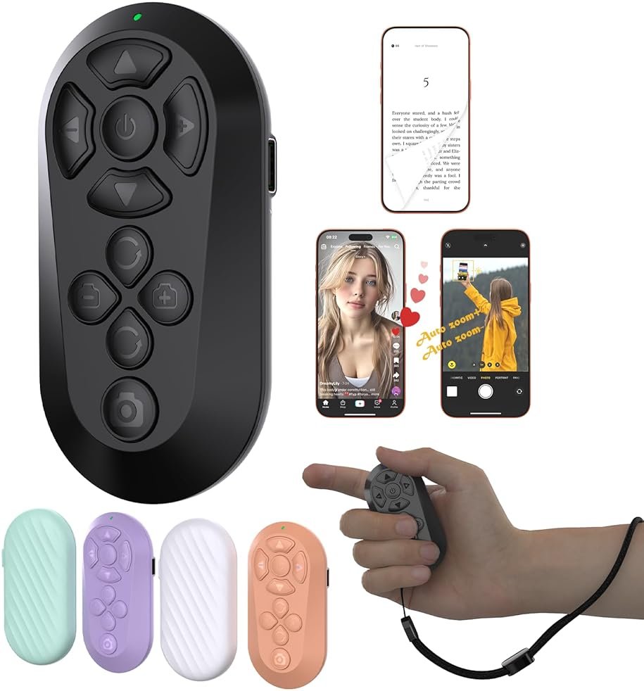 ZOZVO Wireless Remote Controller for iOS/Android Bluetooth Remote Control for TikTok Scrolling/Camera/Video Recording/Kindle App (Black) - Product Image