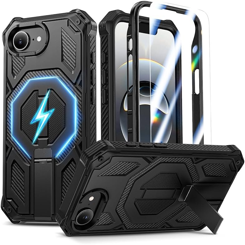 Magnetic for iPhone 17e Case/iPhone 16e Case with Screen Protector & Invisible Kickstand, [Compatible with MagSafe] 3-in-1 Full Body Military Grade Heavy Duty Phone Cover for iPhone 17 E/16 E, Black - Product Image