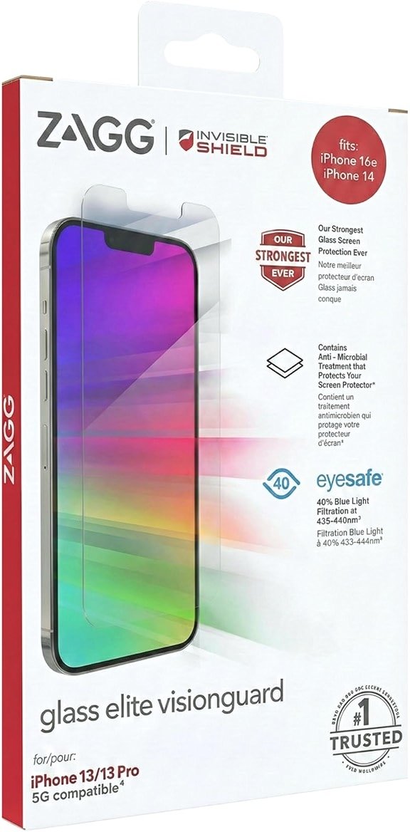 ZAGG Glass Elite Screen Protector for iPhone 17e, iPhone 14/16e/13/13 Pro - 5X Stronger Tempered Glass, Scratch & Smudge-Resistant, VisionGuard Blue-Light Protection, InvisibleShield, Easy to Install - Product Image
