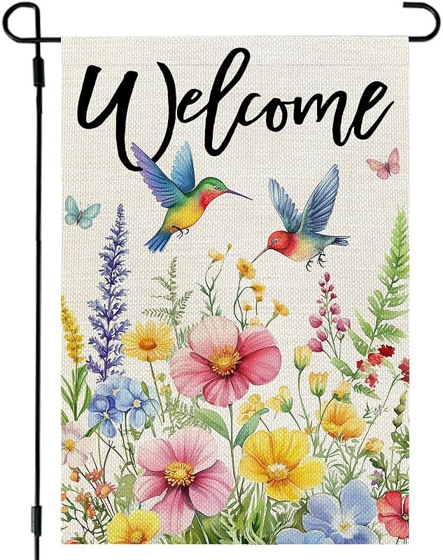 CROWNED BEAUTY Spring Garden Flag Floral Hummingbirds 12x18 Inch Double Sided Small Seasonal Holiday Decoration for Outdoor Lawn Yard - Product Image