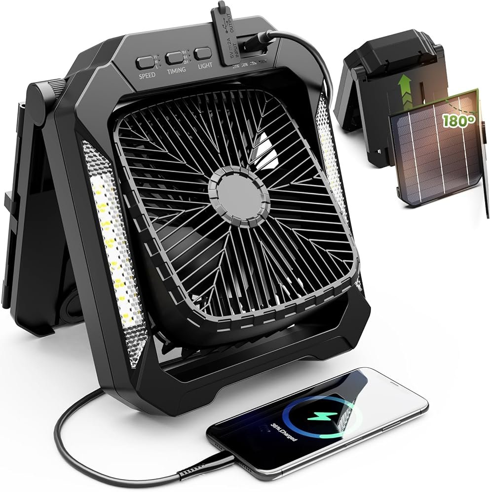 26800mAh Portable Fan Rechargeable with 18W Detachable Solar Panel, Quiet Battery Powered Camping Fan Cordless with LED Lantern,3 Speed,Timer,USB-C,for Bedroom Tent Home Office Desk Hurricane(Black) - Product Image