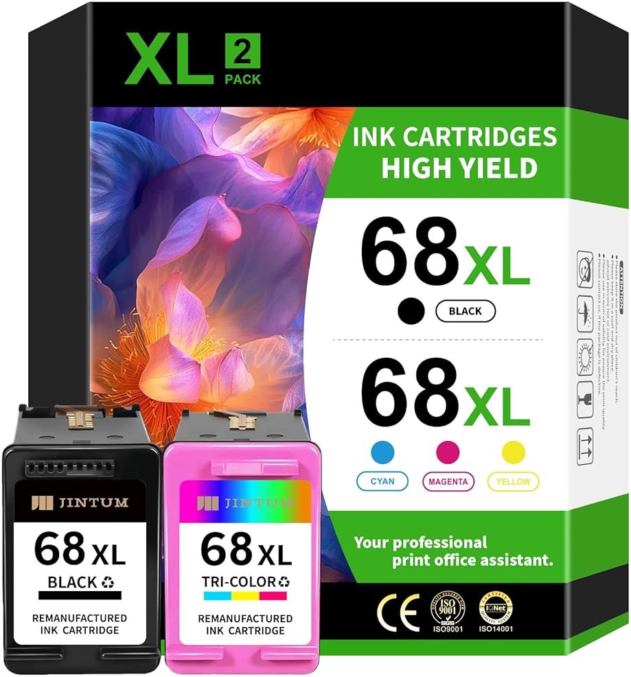 JINTUM 68XL 68 Ink Cartridge Compatible with HP 68 68XL 68e Ink Cartridges Black/Color Combo Pack Replacement for Envy 6155e 6100e 6152e 6500e 6552e 6555e 6558e Printer（1 Black 1 Tri-Color - Product Image