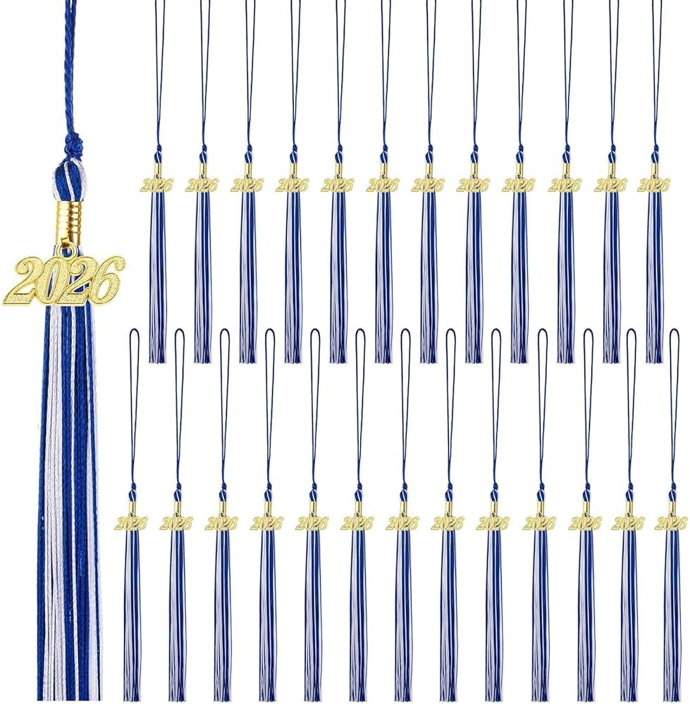 25 Pieces 2026 Graduation Tassel Bulk,Graduation Cap Tassels Decoration with 2026 Year Gold Date Charms,Grad Gifts for 2026 Year Grad Ceremonies Souvenir Class of 2026 for Grad Cap (Blue and White) - Product Image