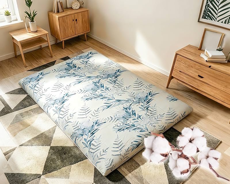 100% Cotton Futon Mattress Cover, Washable Japanese Floor Bed Protector with Zipper, Dust‑Proof Replacement Slipcover for Tatami Mat, Fits Up to 4-Inch Thick Mattresses, Full/Queen - Product Image