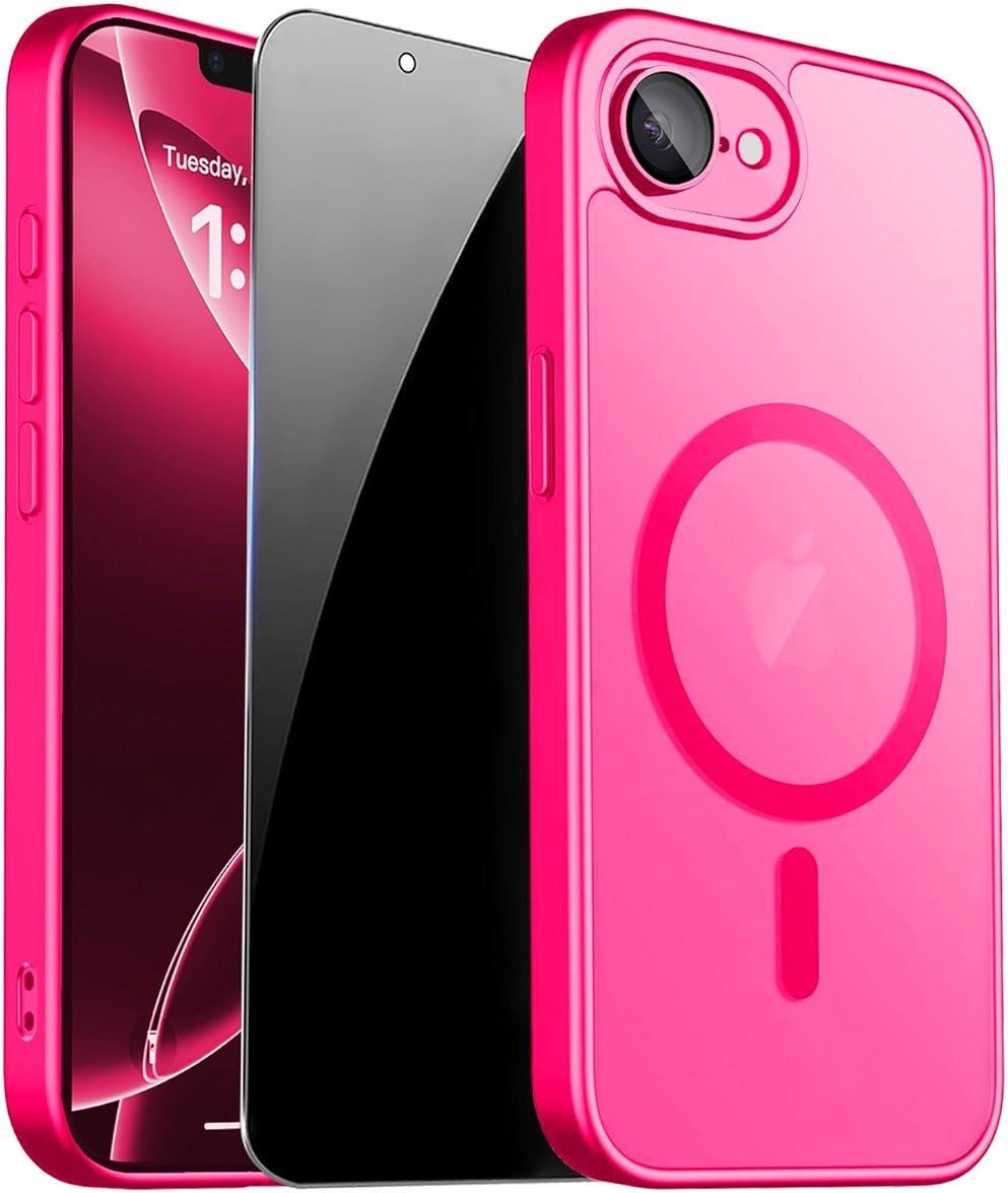 ZOZDOKG for iPhone 17e Case & iPhone 16e Case with Privacy Screen Protector and Camera Protection, Compatible with MagSafe,Magnetic Shockproof Phone Cover for iPhone 17 e / 16 e Women/Girls - Hot Pink - Product Image