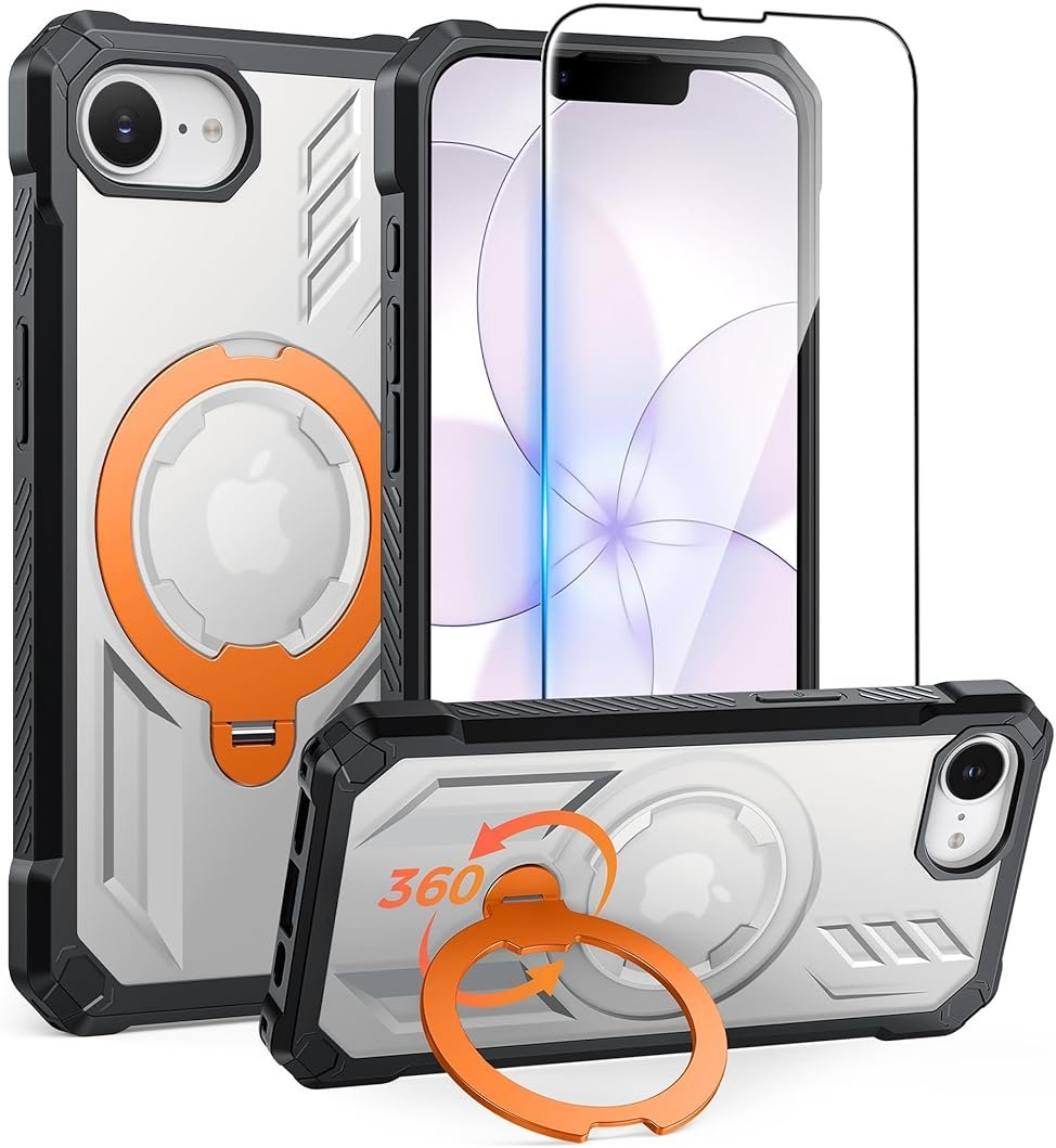 FNTCASE for iPhone 17e Phone Case: for iPhone 16e Case with [360 Spin Magnetic Ring Kickstand] [Compatible for MagSafe] [Screen Protector] Heavy Duty Military Grade Protection Case Translucent Orange - Product Image