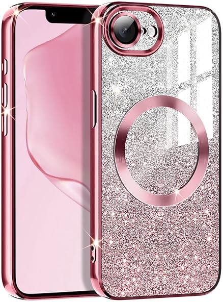 Casetego for iPhone 17e Case,Compatible with MagSafe,Clear Magnetic Glitter Sparkle Luxury Plated Soft TPU Bumper Full Camera Lens Protector for Apple iPhone 17e,All Rose Gold - Product Image