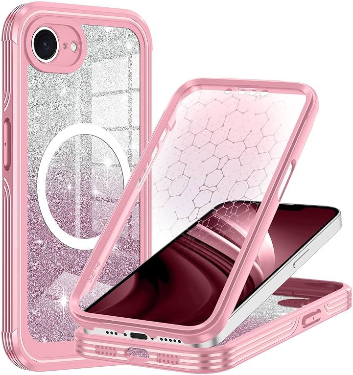 Hekodonk for iPhone 17e Case, Compatible with Magsafe [Built-in Tempered Glass Screen Protector & Camera Lens Protection] Full Body Shockproof Protective Women Girl Bling Case,All Pink - Product Image