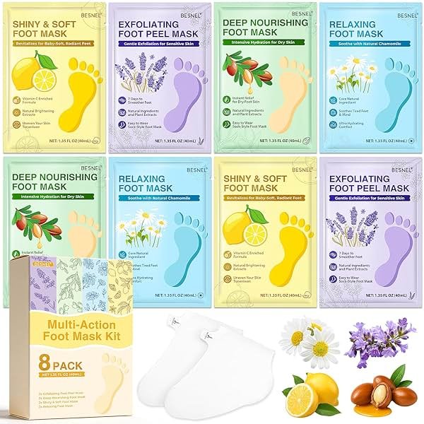 8 Pack Moisturizing Foot Mask,Hydrating Foot Masks for Dry Cracked Feet,Soothing Dry Skin Moisturizer Socks for Baby Soft Feet,Teacher Appreciation Gifts,Foot Care Spa Gifts for Women Men(4 Styles) - Product Image