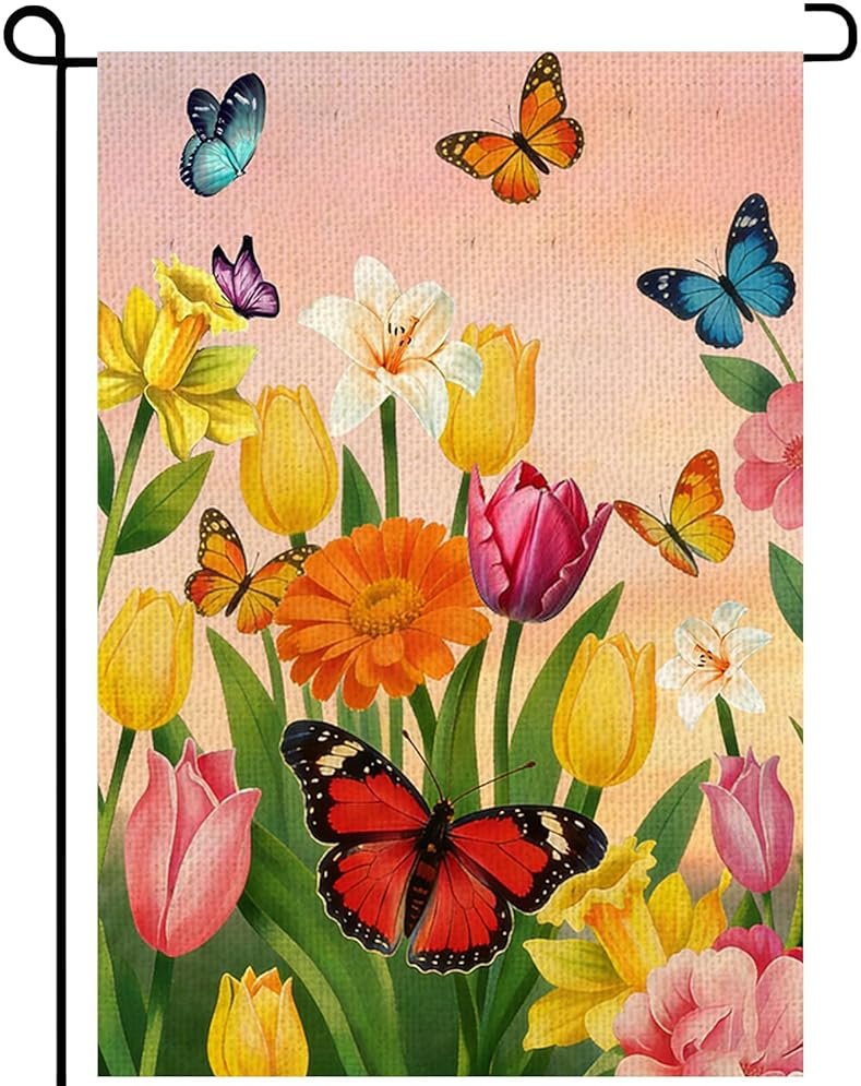 Spring Summer Tulip butterfly Welcome Garden Flag 12x18 Inch Double Sided Colorful Floral Outside Flag for Burlap Holiday Farm house Yard Flag Outside Decoration - Product Image